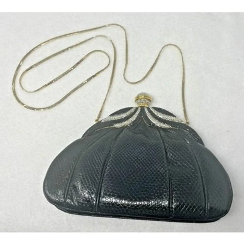 Vintage Finesse La Model Jeweled Convertible Snakeskin‎ Clutch Gold Chain